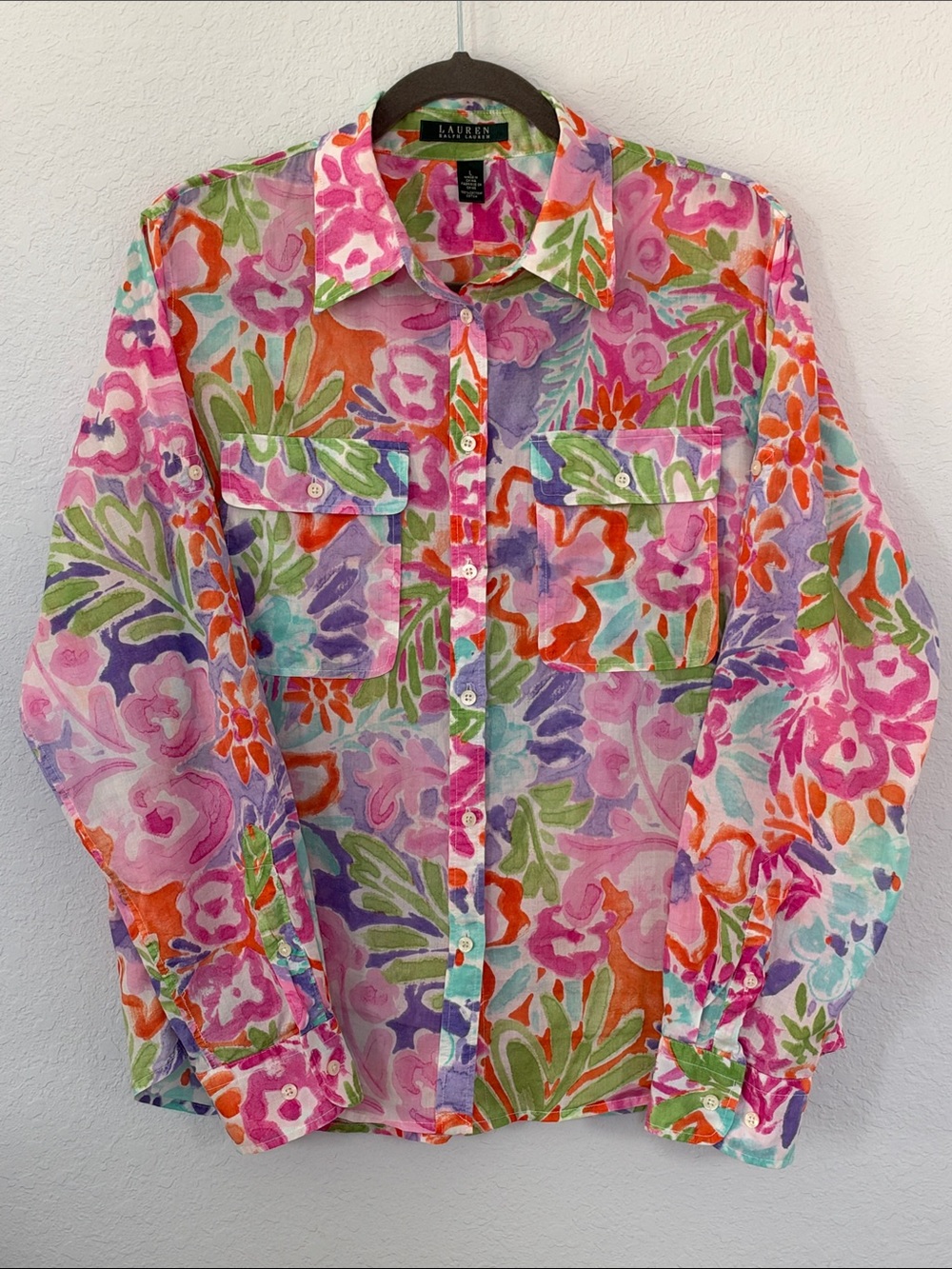 Lauren Ralph Lauren Floral Cotton Button Down Shirt L Roll Tab Colorful